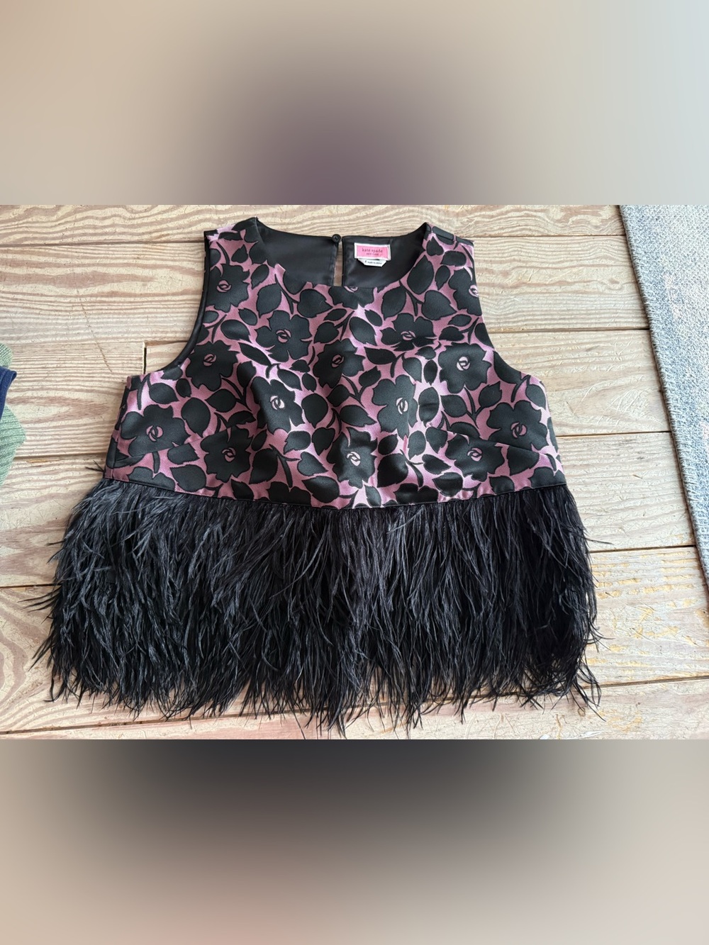 Kate Spade New York Floral Jacquard Ostrich Feather Trim Top Size 8